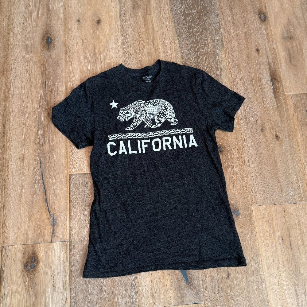 California Flag Short Sleeve Tee 100% Cotton Gray With White Graphic Unisex Sz M